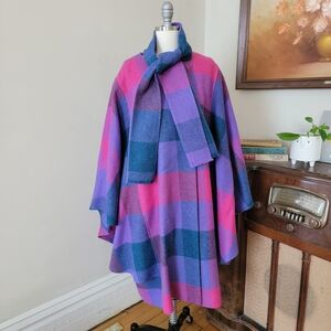 Vintage 1960s Purple Pink Plaid Wool Cape Scarf Large Made In Ireland